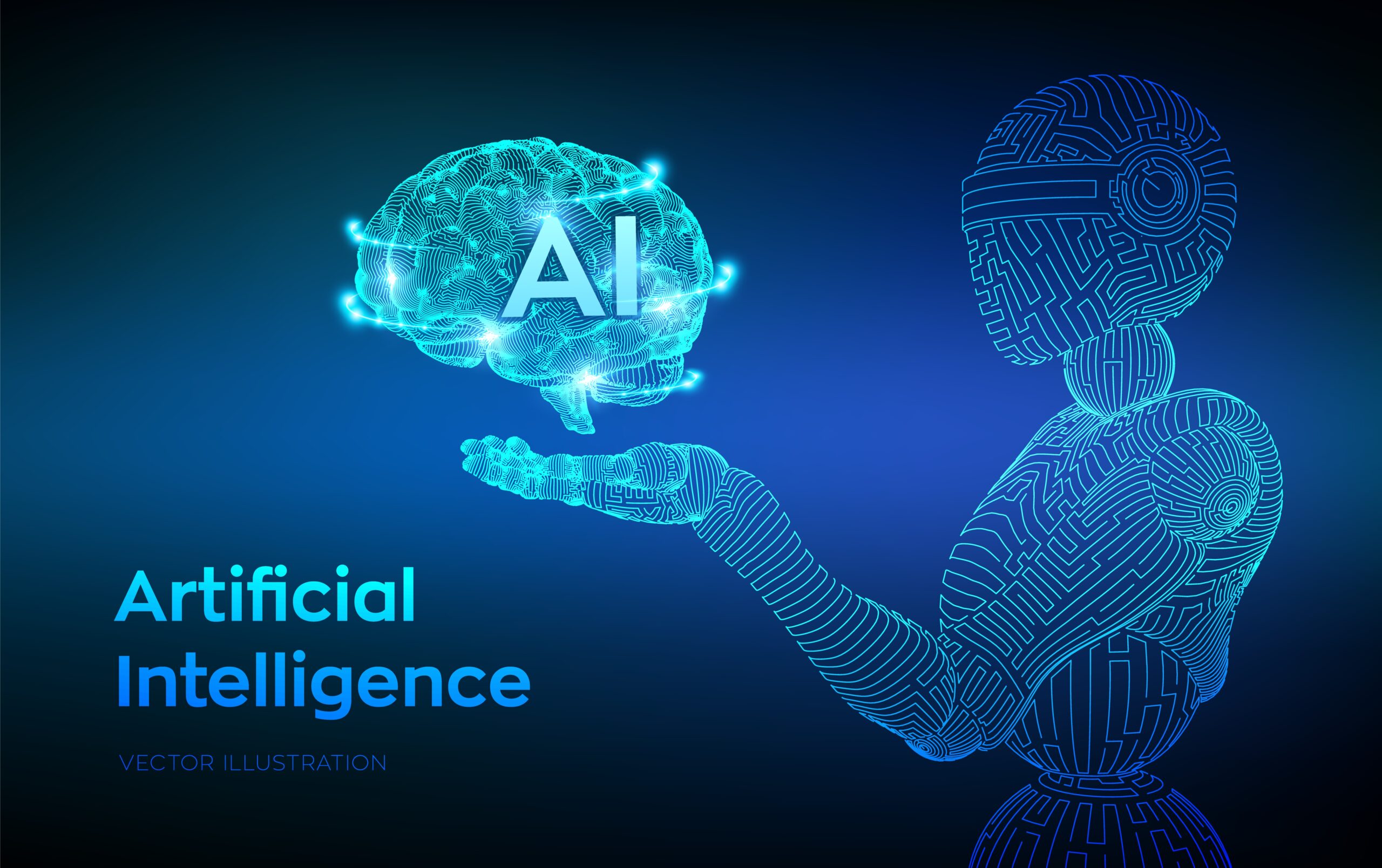 AI. Artificial intelligence. AI in the form of cyborg or bot. Wireframe robot. Digital brain. Brain in robotic hand. Machine learning. Graphic design concept of future. Vector illustration